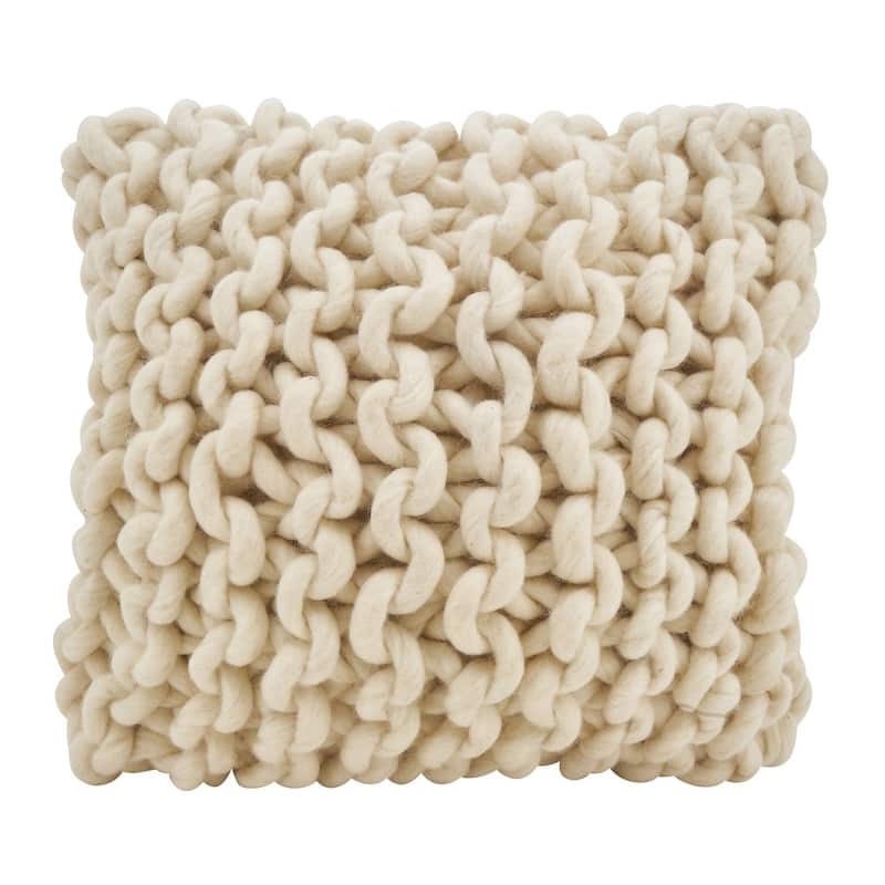 Chunky Cable Knit Design Accent Cushion Wool Throw Pillow - Feather Down - Ivory