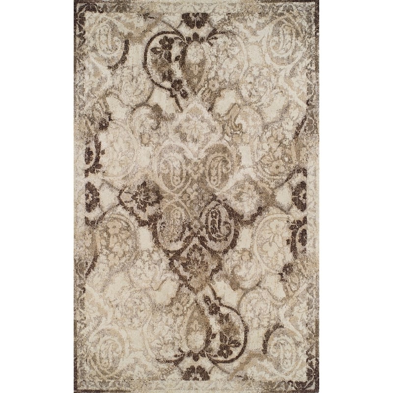 ADDISON Wellington Distressed Damask Brown/Ivory Area Rug (3'3"X5'3") - 3'3" x 5'3"