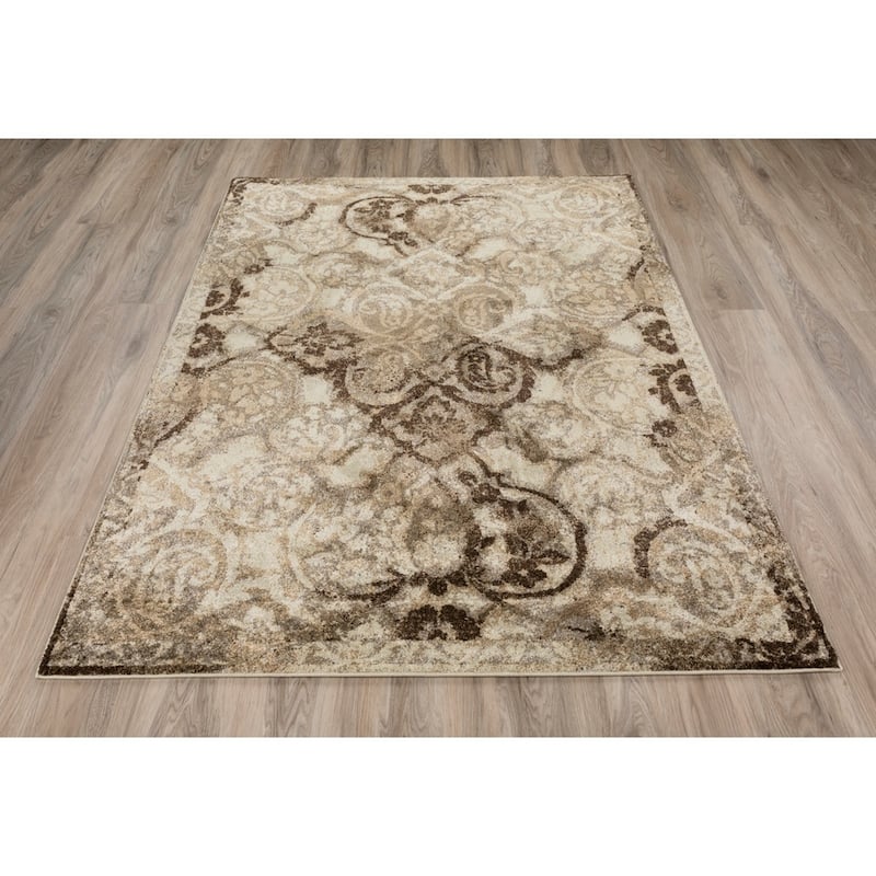 ADDISON Wellington Distressed Damask Brown/Ivory Area Rug (3'3"X5'3") - 3'3" x 5'3"