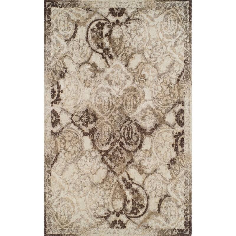 ADDISON Wellington Distressed Damask Brown/Ivory Area Rug (3'3"X5'3") - 3'3" x 5'3"