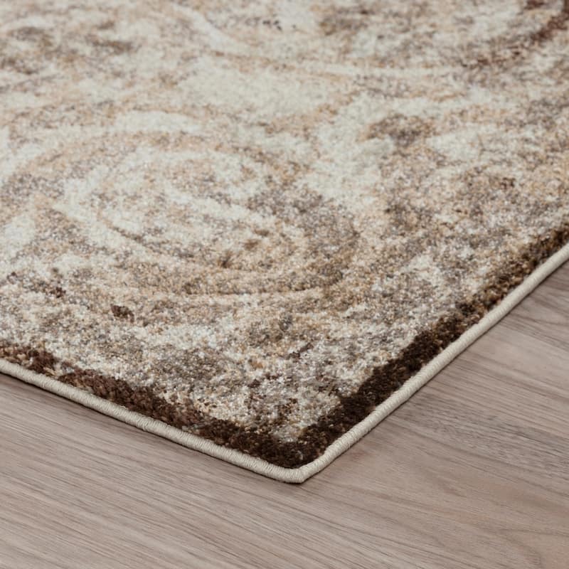 Addison Wellington Brown/Ivory Distressed Damask Area Rug (7'10 x 10'7) - 7' 10" x 10' 7"