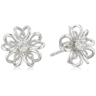 Pinctore Sterling Silver White Topaz flower Stud Earrings