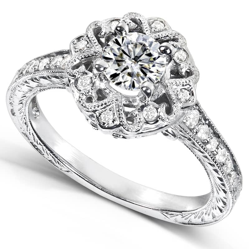 Annello by Kobelli 14k White Gold 2/3ct TGW Moissanite and Diamond Antique Floral Engagement Ring