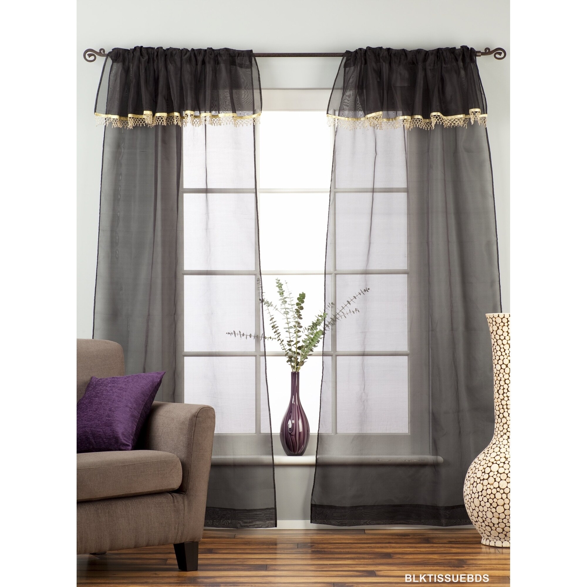 Shop Black Rod Pocket W Attached Beaded Valance Sheer Tissue