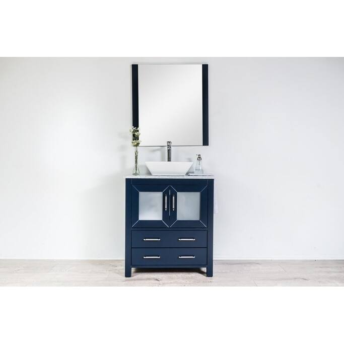 Newport Collection 30 inches in Navy w/ Carrara Marble Top and High Gloss Ceramic Basin