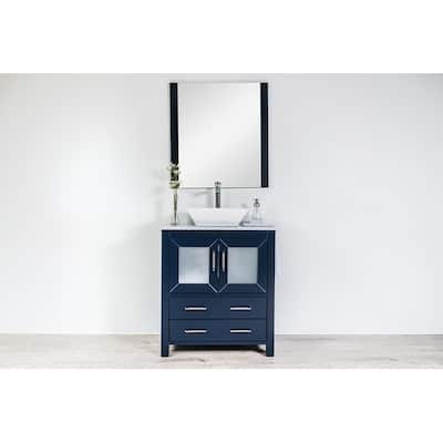 Newport Collection 30 inches in Navy w/ Carrara Marble Top and High Gloss Ceramic Basin