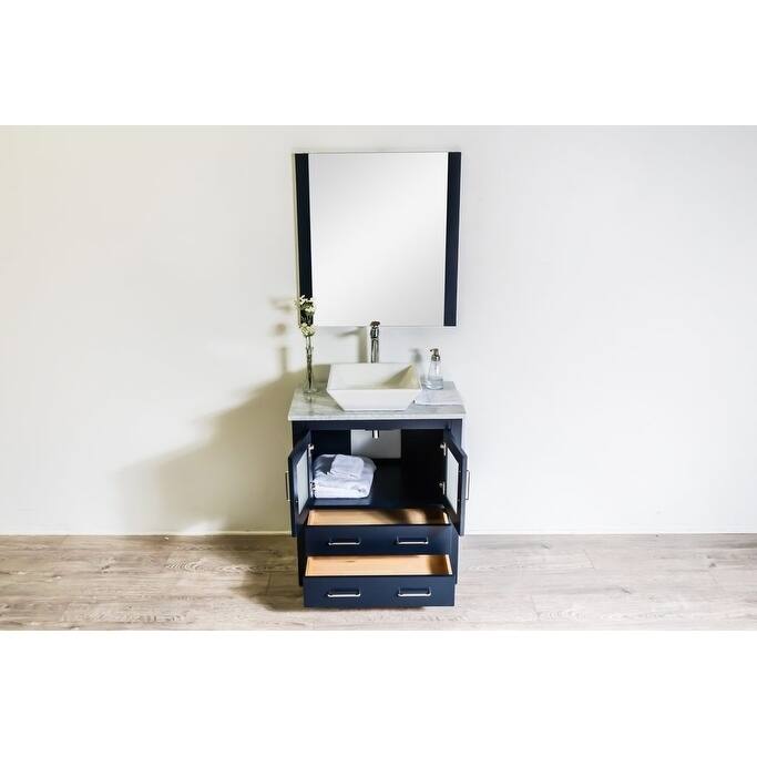 Newport Collection 30 inches in Navy w/ Carrara Marble Top and High Gloss Ceramic Basin