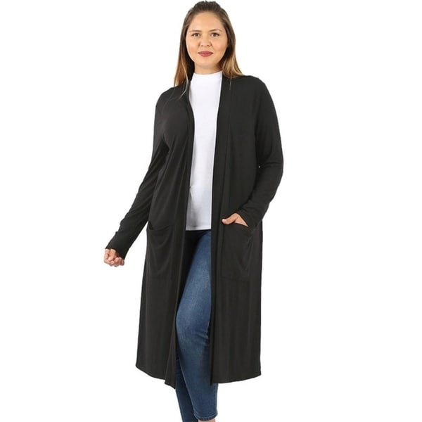 JED Women's Plus Size Knee Length Solid Cardigan with Pockets