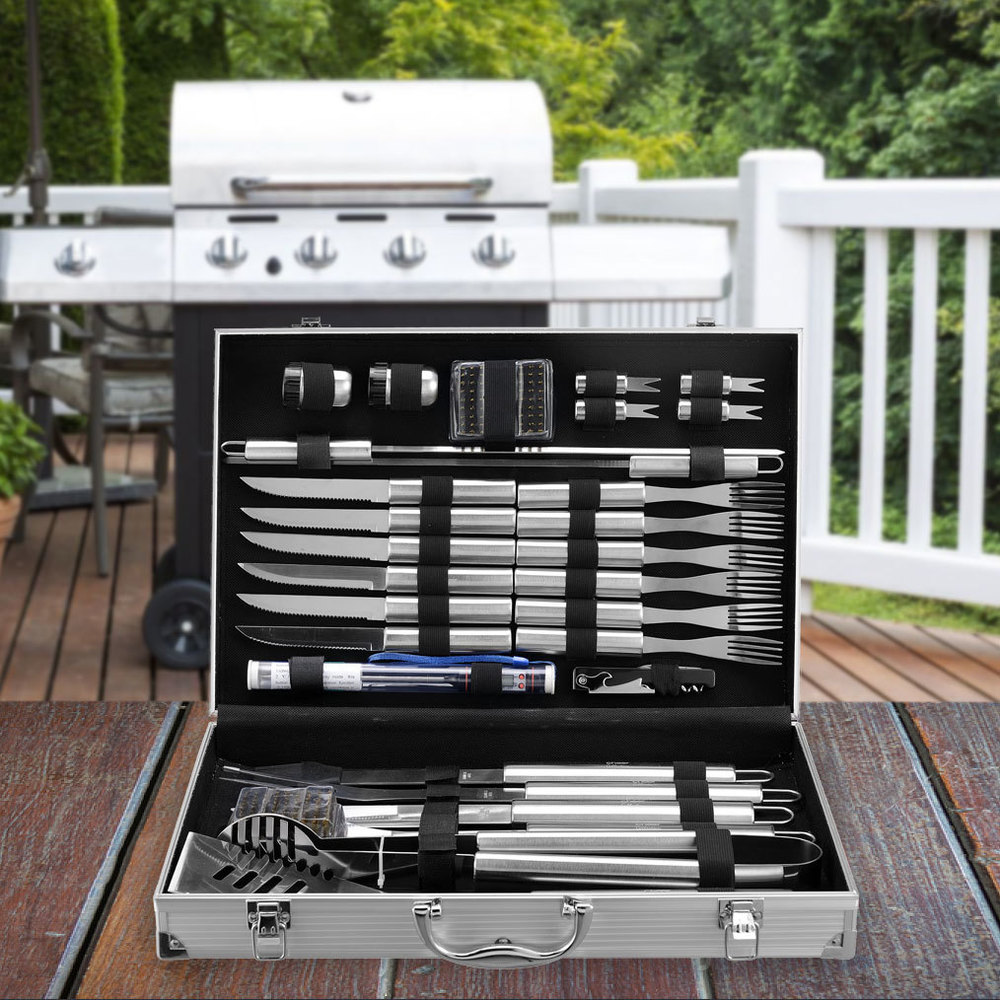 Home-Complete 18-Piece Stainless Steel Wood BBQ Grill Tool Set