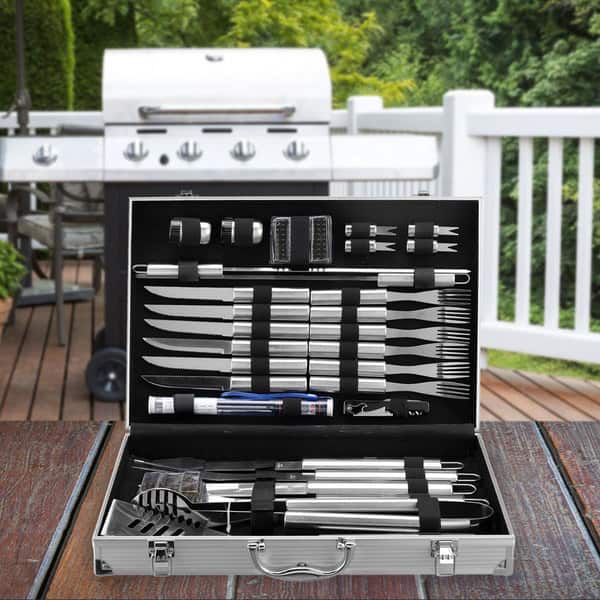 Home-Complete BBQ Grill Tool Set- Stainless Steel Barbecue Grilling Accessories with 7 Utensils and Carrying Case, Includes Spatula, Tongs, Knife