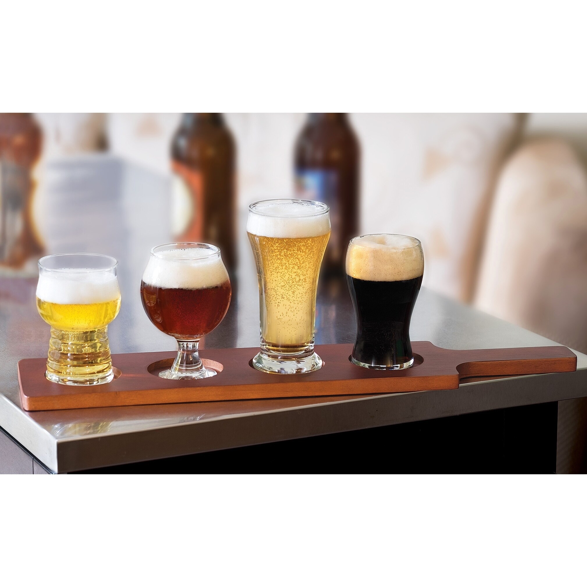 Libbey Craft Brews Beer Tasting Glasses With Wood Carrier, Clear 