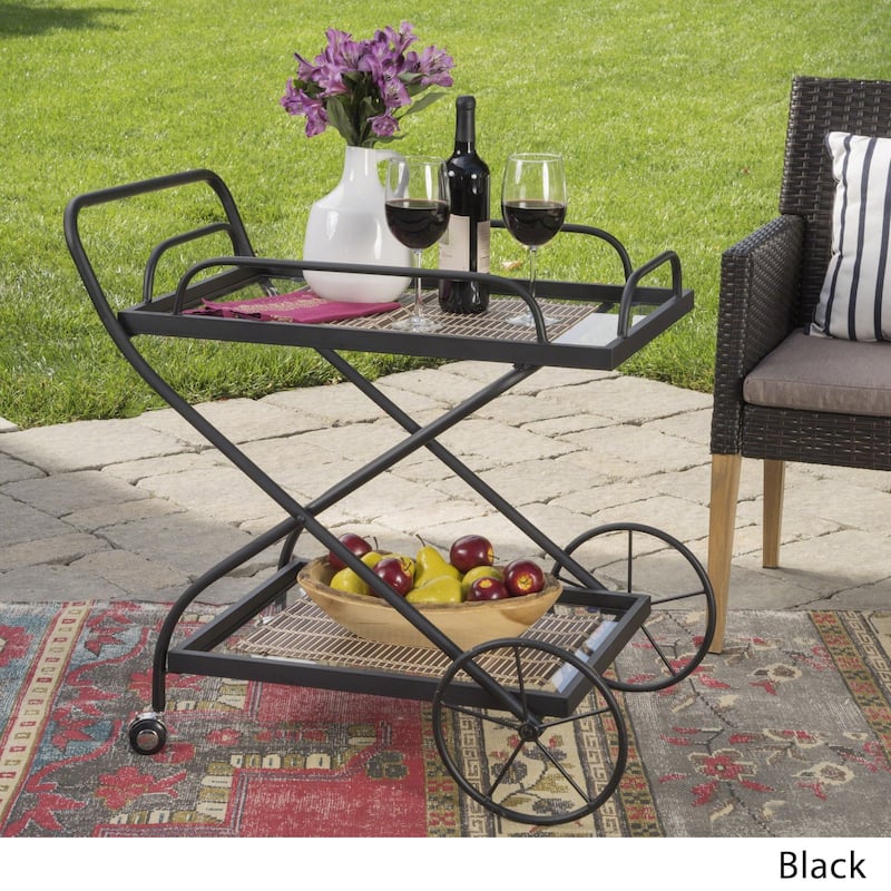 Indio Outdoor Traditional Glass Bar Cart with Shelves by Christopher Knight Home - Black