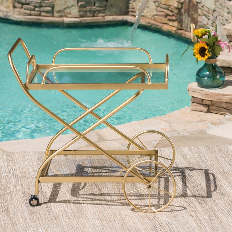 Indio Outdoor Traditional Glass Bar Cart with Shelves by Christopher Knight Home