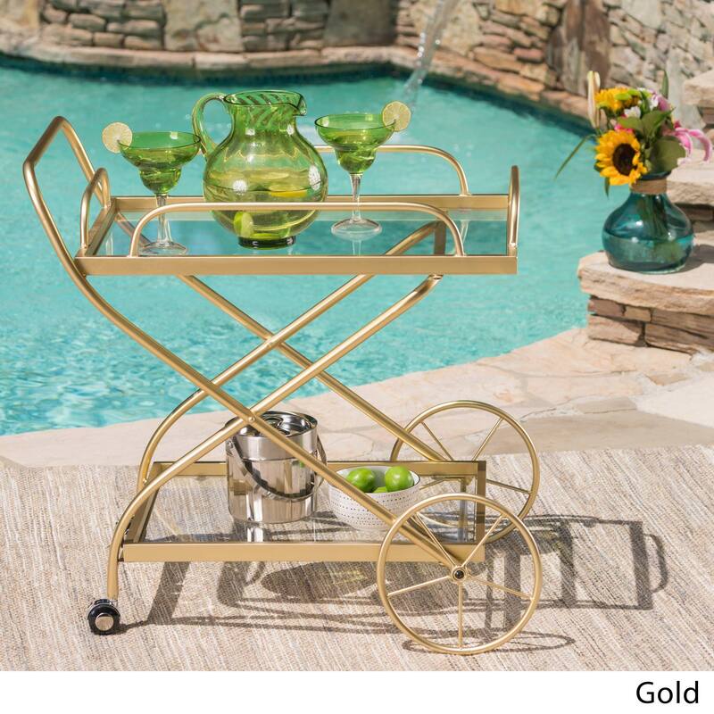 Indio Outdoor Traditional Glass Bar Cart with Shelves by Christopher Knight Home