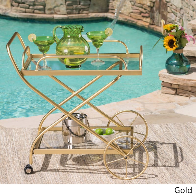 Indio Outdoor Traditional Glass Bar Cart with Shelves by Christopher Knight Home - GOLD