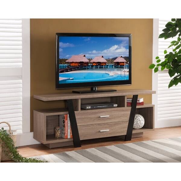 Striking Tv Stand With Storage Option Black And Light Brown Overstock 18606380