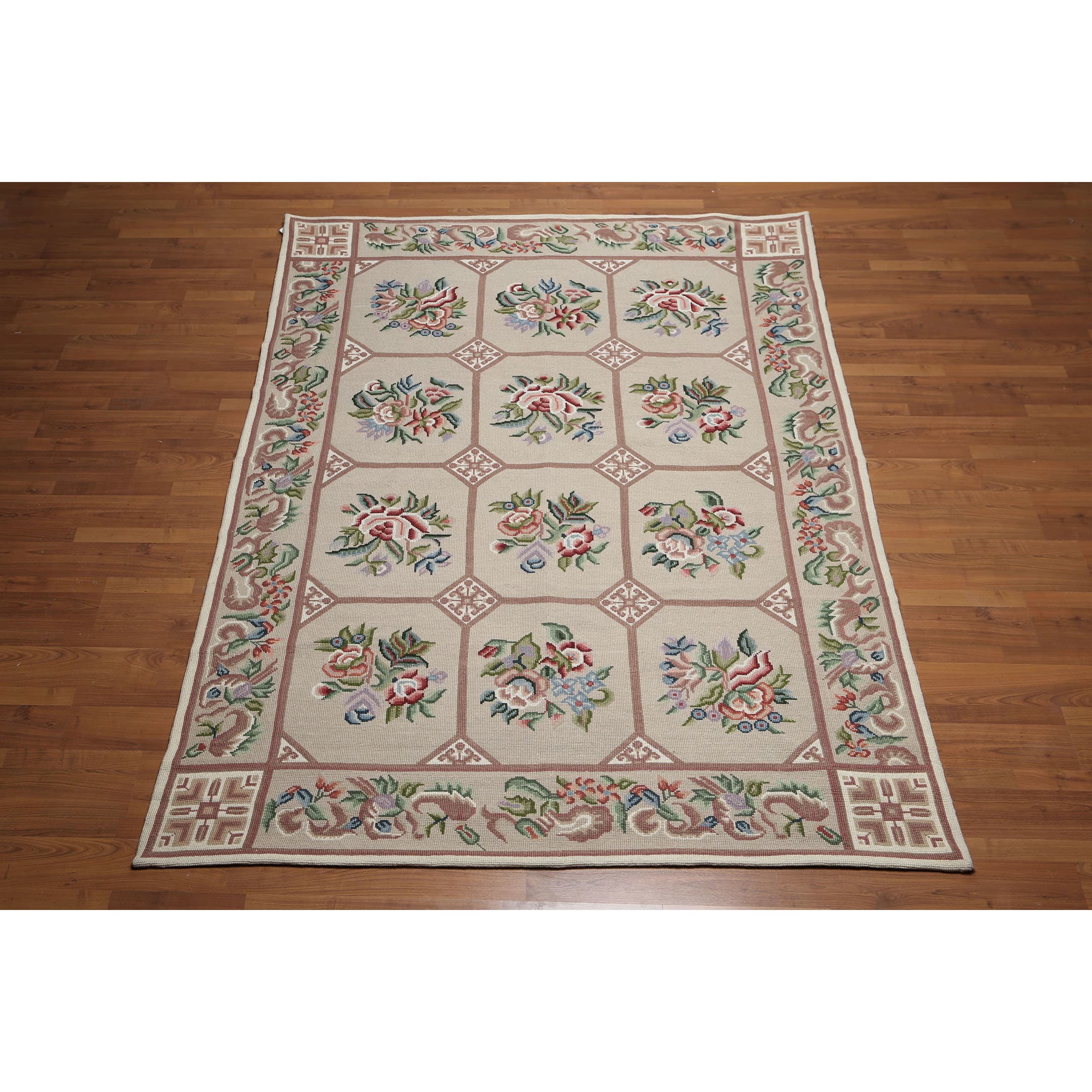 Botanical Portuguese Wool Needlepoint Area Rug - Taupe/Green - 6' x 9'