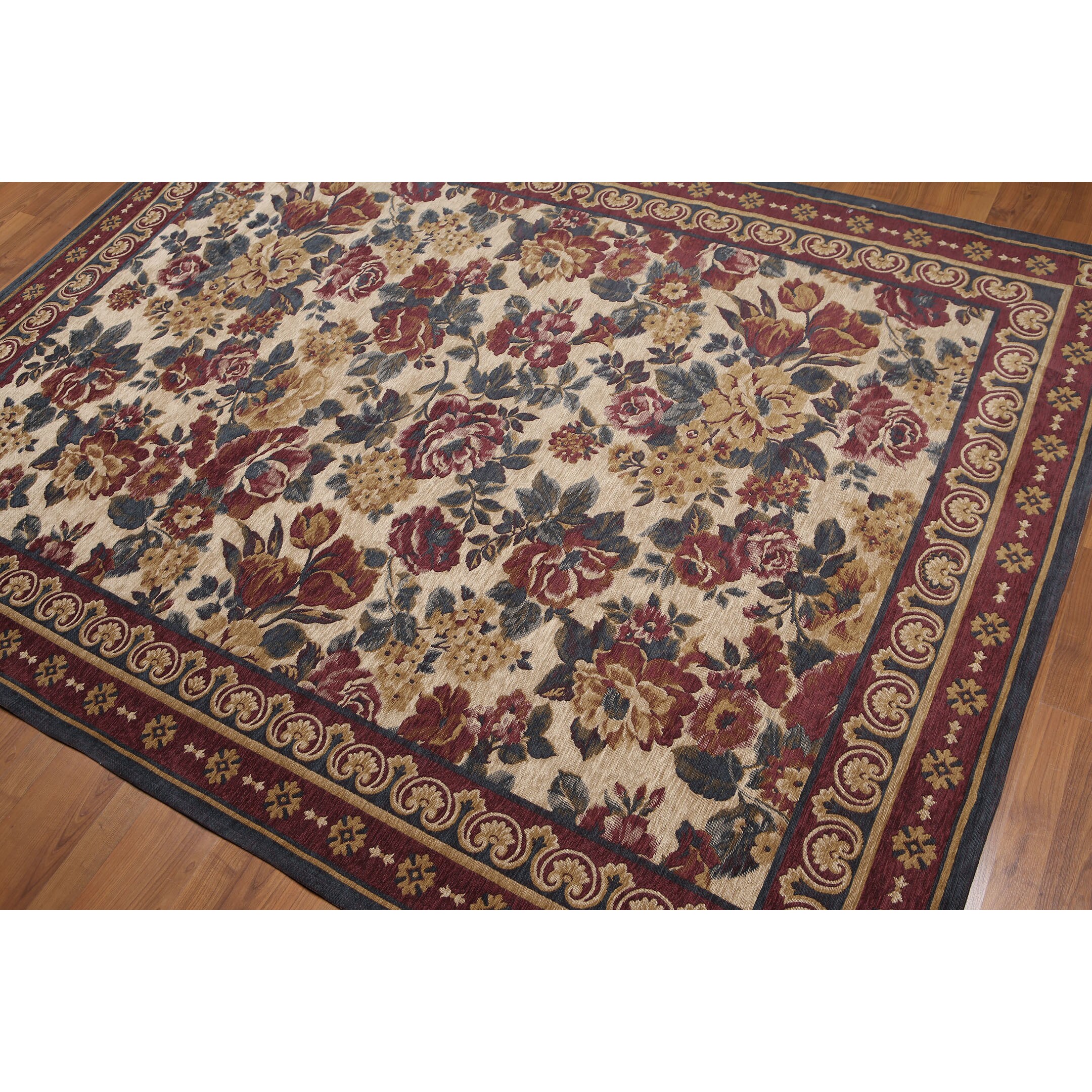 Chenille Country Roses Italian Handmade Area Rug Tan Beige