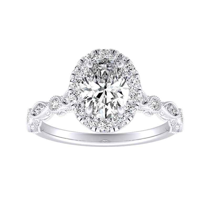 Vintage Oval-cut 7/8ctw Halo Diamond Engagement Ring 14k Gold - 7 - White