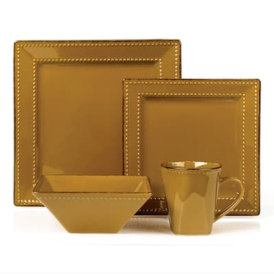 16 Piece Square Beaded Stoneware Set by Lorren Home Trends, Mocca