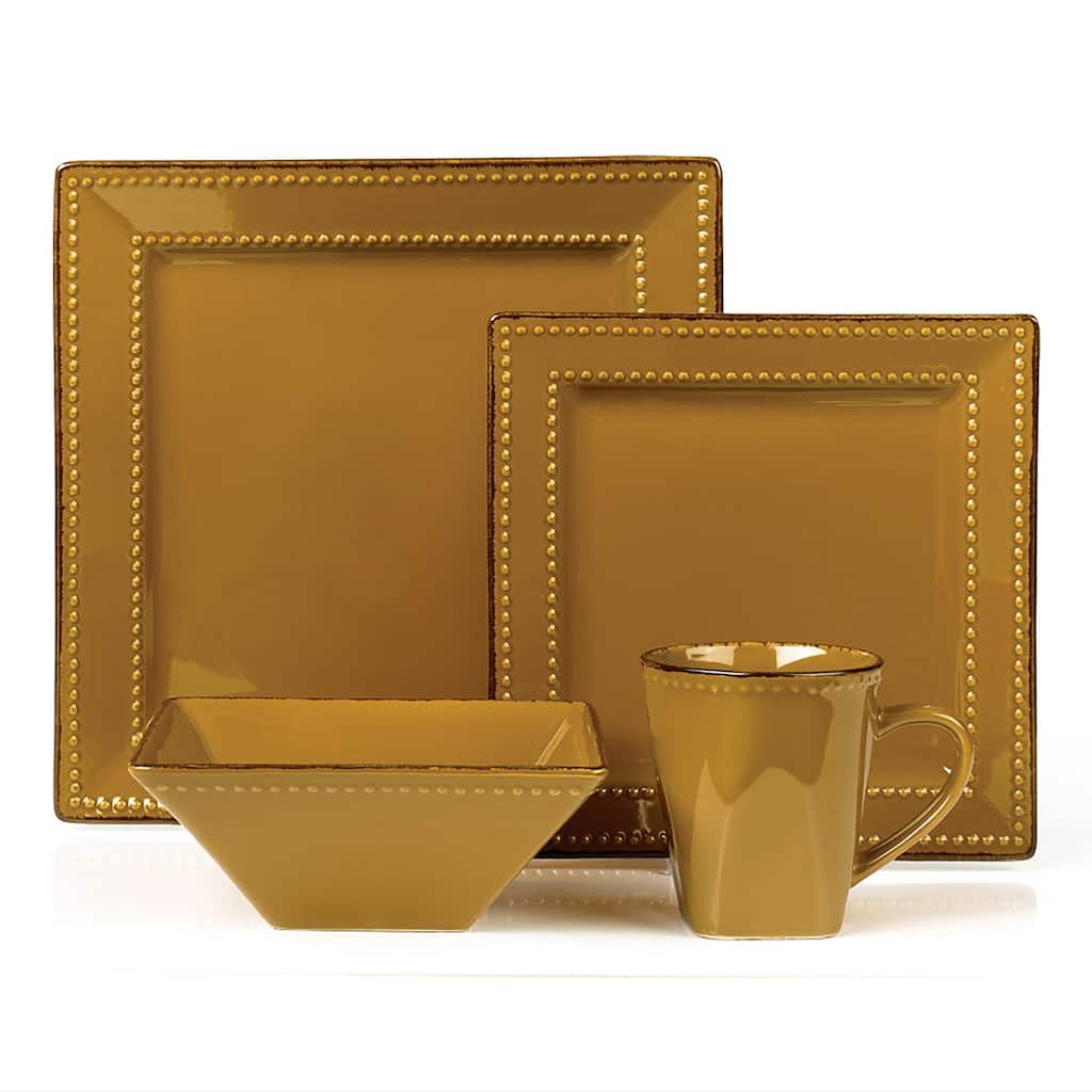 16 Piece Square Beaded Stoneware Set by Lorren Home Trends, Mocca