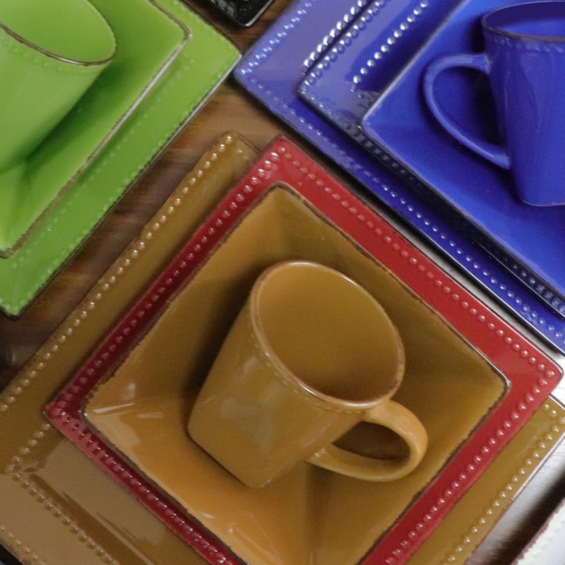 16 Piece Square Beaded Stoneware Set by Lorren Home Trends, Mocca