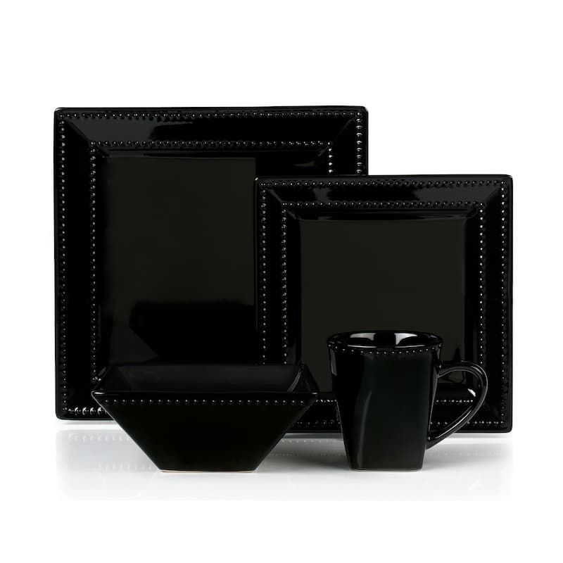16 Piece Square Beaded Stoneware Set by Lorren Home Trends, Black
