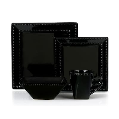 16 Piece Square Beaded Stoneware Set by Lorren Home Trends, Black