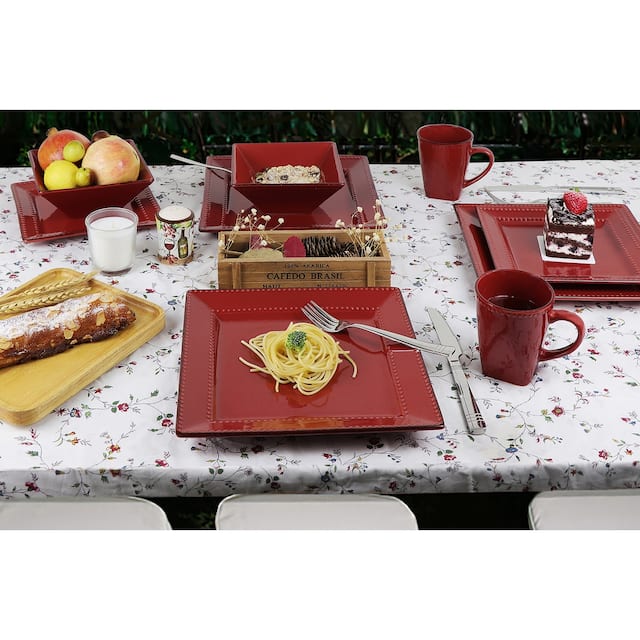 16 Piece Square Beaded Stoneware Dinnerware by Lorren Home Trends, Red