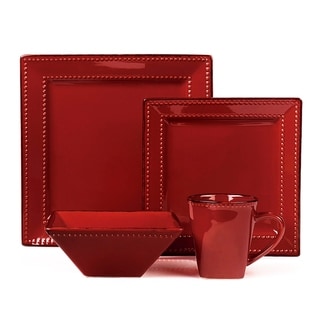 16 Piece Square Beaded Stoneware Dinnerware by Lorren Home Trends, Red