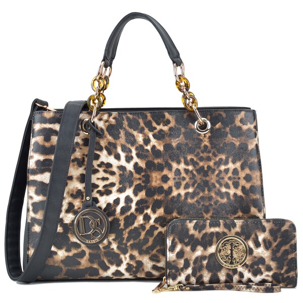 Dasein Faux Saffiano Leather Chain Strap Leopard Satchel Dasein Faux Saffiano Leather Chain Strap Leopard Satchel Handbag With Matching Wallet
