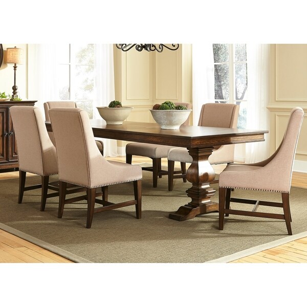 Armand Antique Brownstone Upholstered Trestle Dinette Set On Armand Antique Brownstone Upholstered Trestle Dinette Set