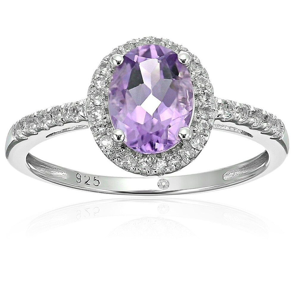 Pinctore Sterling Silver Amethyst, White Topaz Halo Engagement Ring