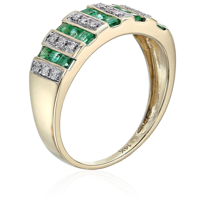 14k Yellow Gold Emerald, Diamond Wedding Band Ring, Size 7