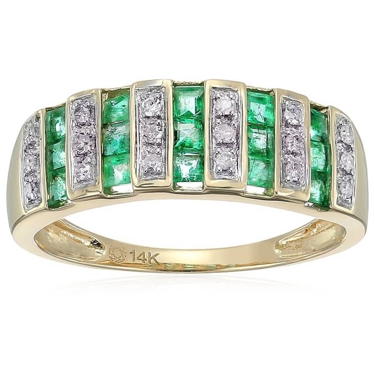 14k Yellow Gold Emerald, Diamond Wedding Band Ring, Size 7