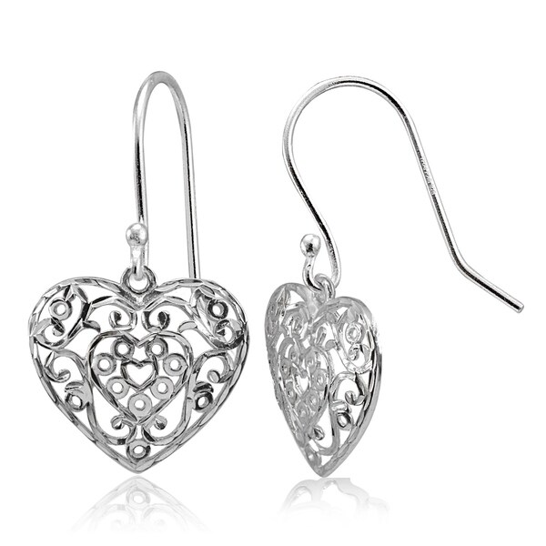 925 Sterling Silver Polished Filigree Heart Dangle Earrings