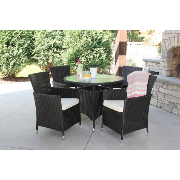5 Piece Black Wicker Outdoor Dining Set With Round Recessed Glass Table Overstock 18653108