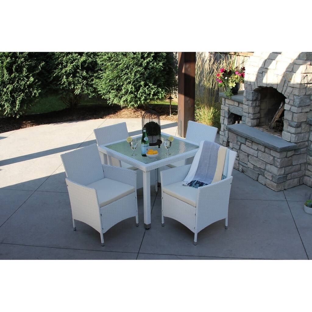 5 piece White Wicker Outdoor Dining Set with Square Wicker Recessed Glass Table