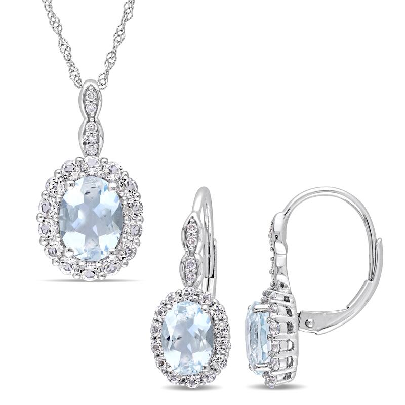 Miadora Signature Collection 14k White Gold Aquamarine White Topaz & Diamond Accent Necklace and Leverback Earrings Set