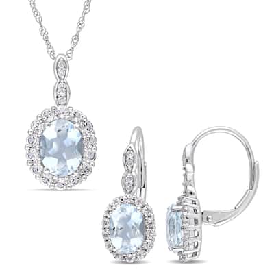 Miadora Signature Collection 14k White Gold Aquamarine White Topaz & Diamond Accent Necklace and Leverback Earrings Set
