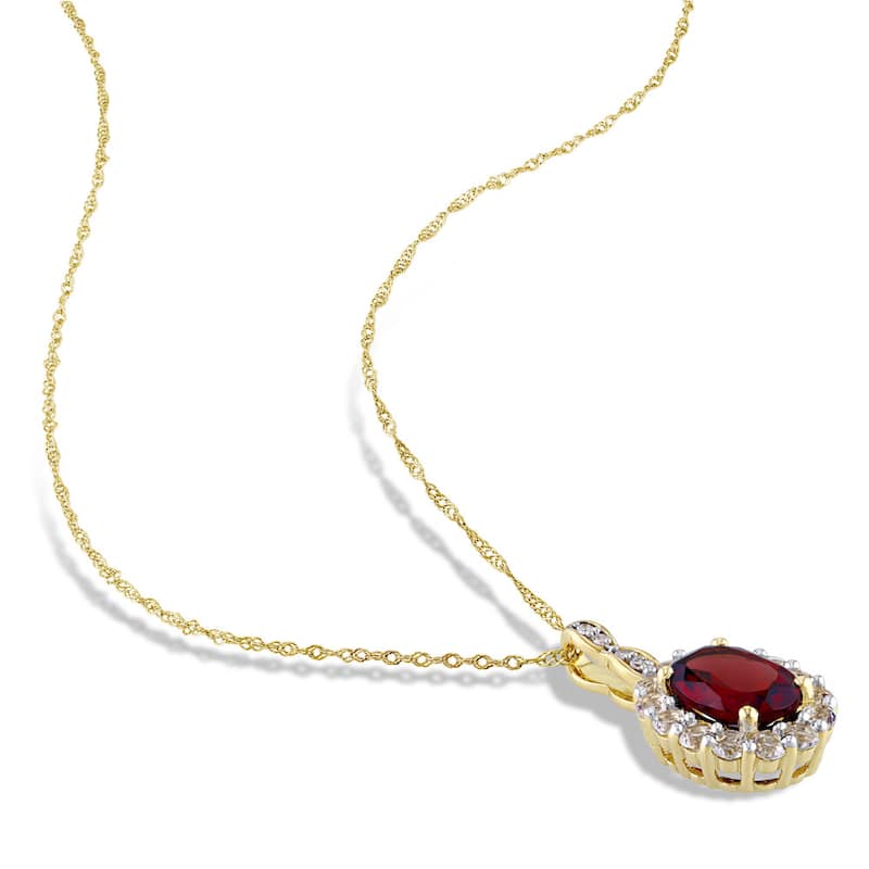 Miadora Signature Collection 14k Yellow Gold Garnet White Topaz & Diamond Accent Halo Necklace & Leverback Earrings Set