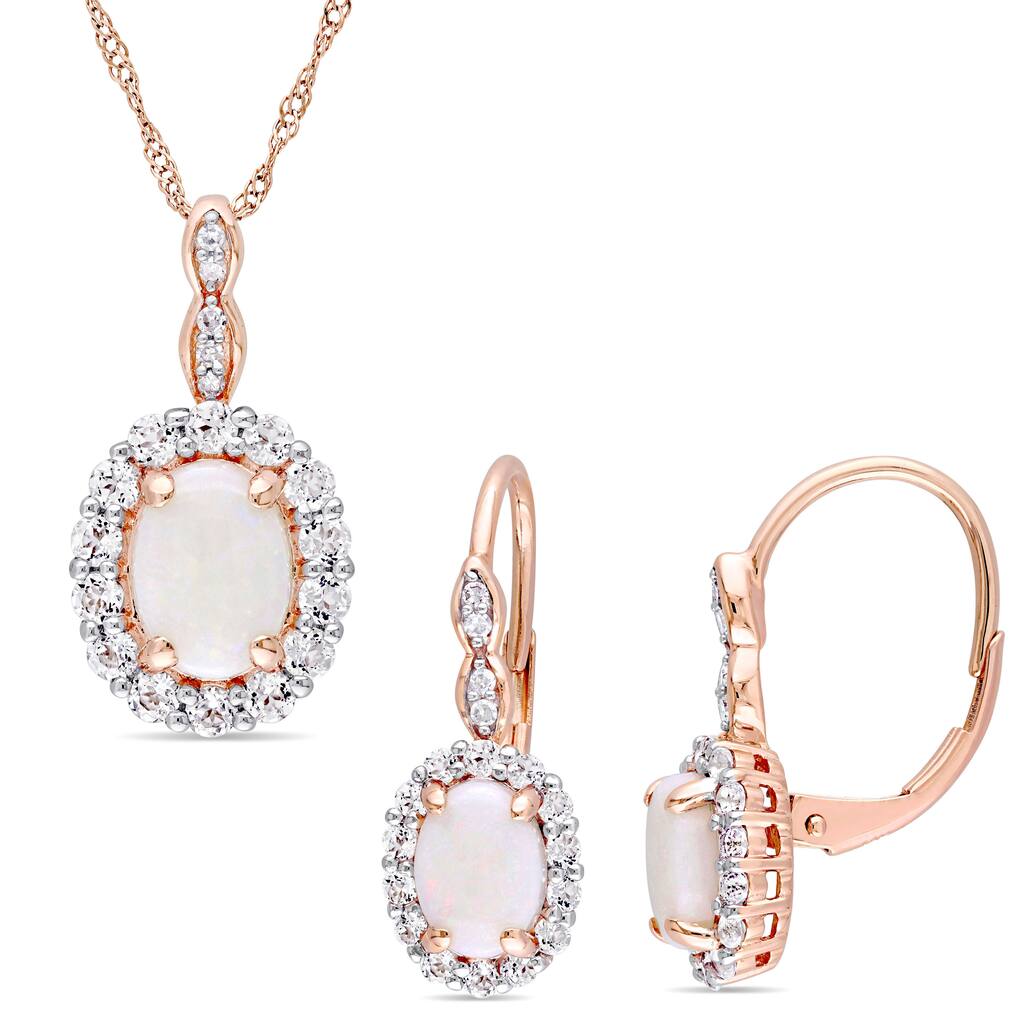 Miadora Signature Collection 14k Rose Gold Opal White Topaz & Diamond Accent Halo Necklace and Leverback Earrings Set