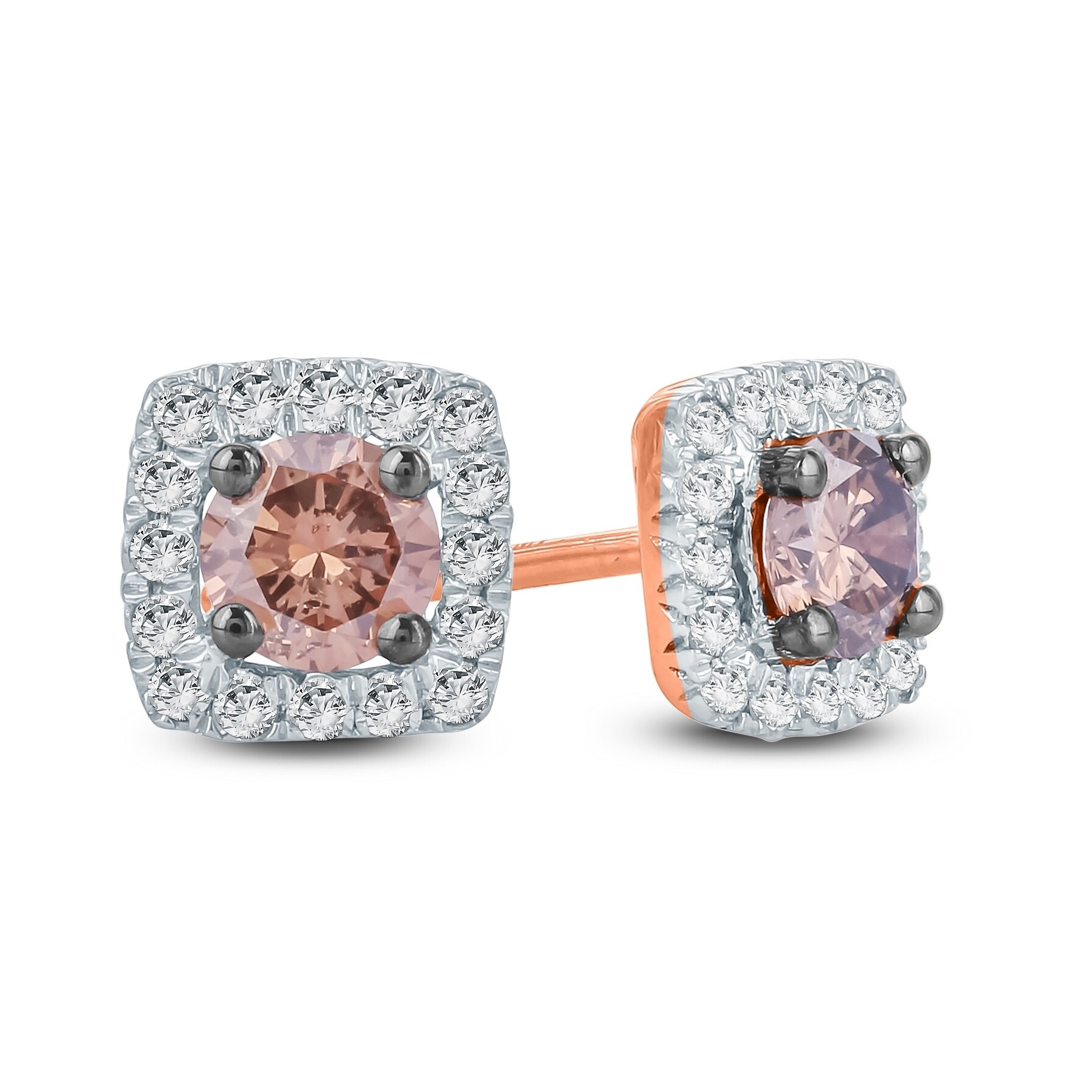 White Gold Plated Silver Prism Jewel 0.33 Carat Round Natural Brown Diamond Screw Back Prong Set Stud Earrings
