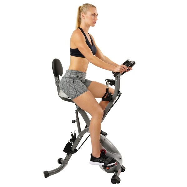 Sunny Health & Fitness Foldable Semi Recumbent Magnetic Bike w/ Pulse Monitoring, Arm Resistance Bands and LCD Monitor