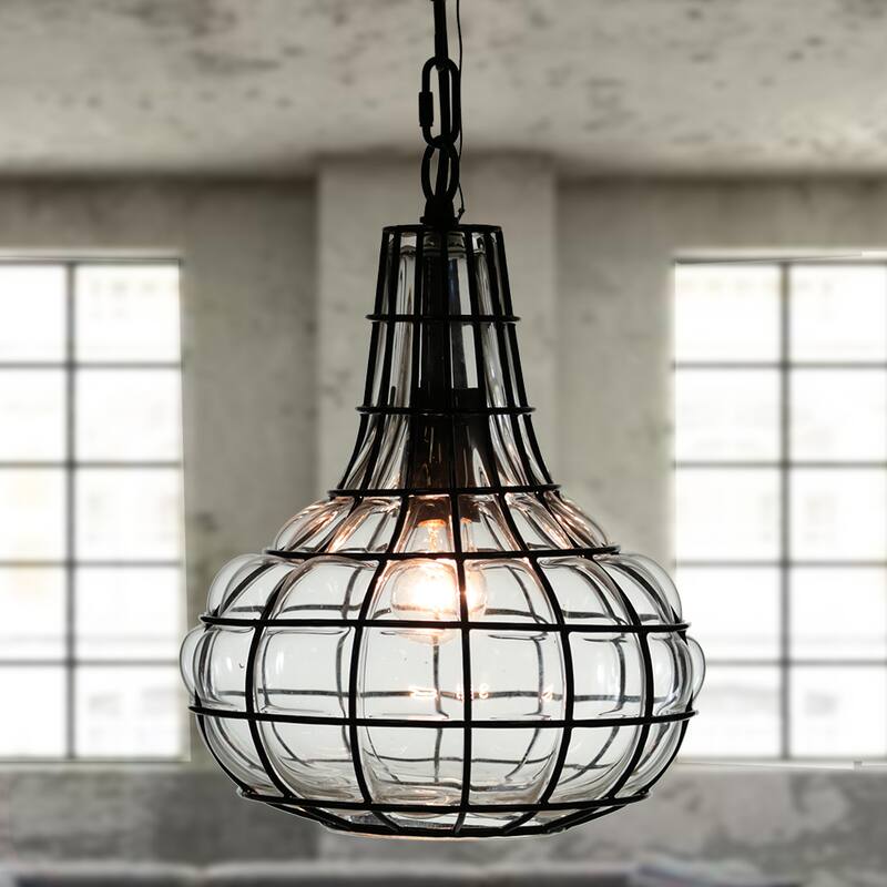 Zhosh 1-Light 10-Inch Glass Blown Metal Cage Pendant