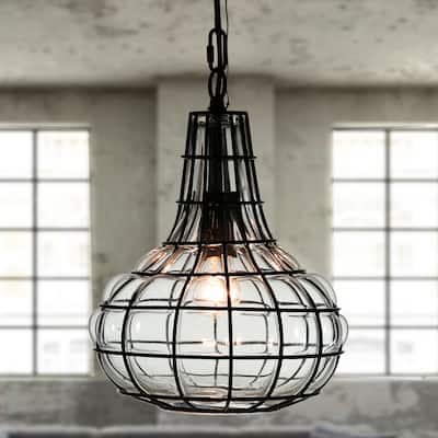 Zhosh 1-Light 10-Inch Glass Blown Metal Cage Pendant