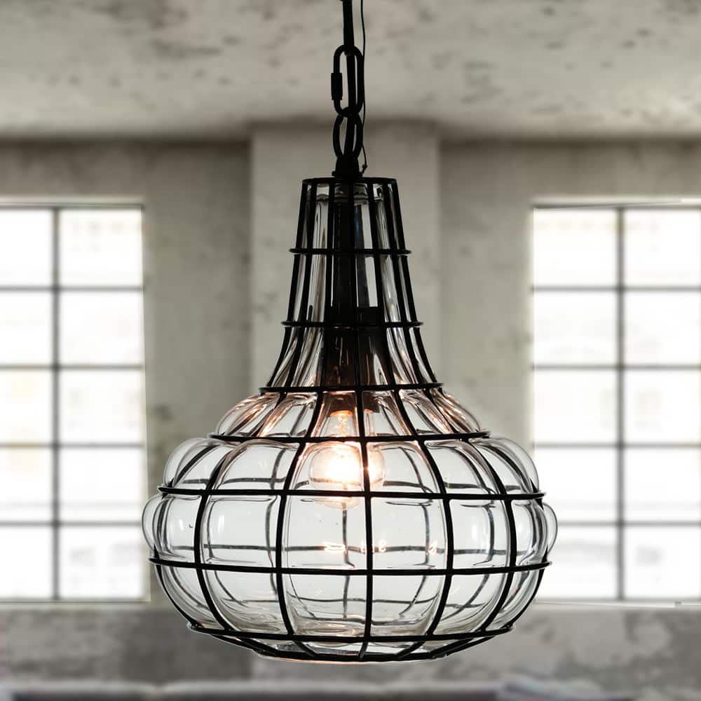 Zhosh 1-Light 10-Inch Glass Blown Metal Cage Pendant