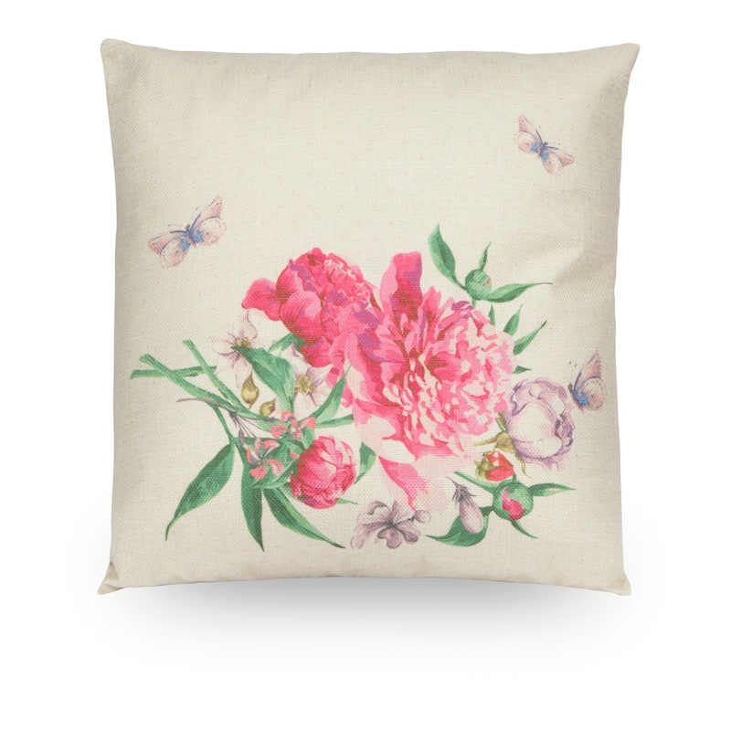 Pink Floral 18" Faux Linen Throw Pillow Cover, Decorative Pillowcase