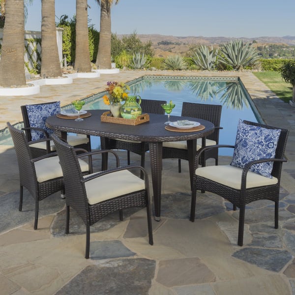 Carter Outdoor 7 Piece Oval Wicker Dining Set With Cushions By