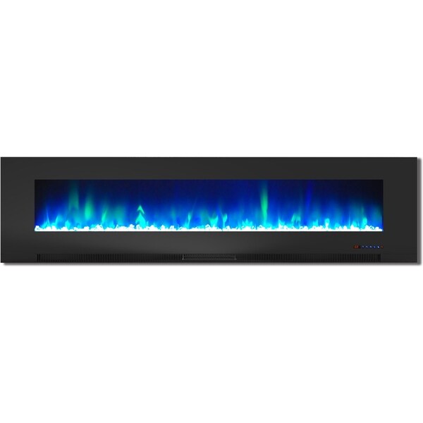 Cambridge 78 In. Wall-Mount Electric Fireplace in Black with Multi-Color Flames and Crystal Rock Display